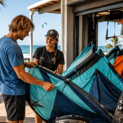A rider and shop staff member inspect kiteboarding gear during kite sales at a beachside watersports shop
