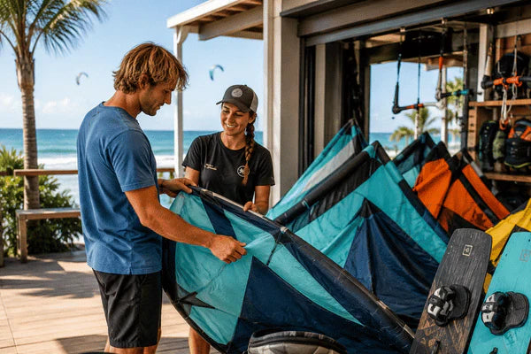 A rider and shop staff member inspect kiteboarding gear during kite sales at a beachside watersports shop