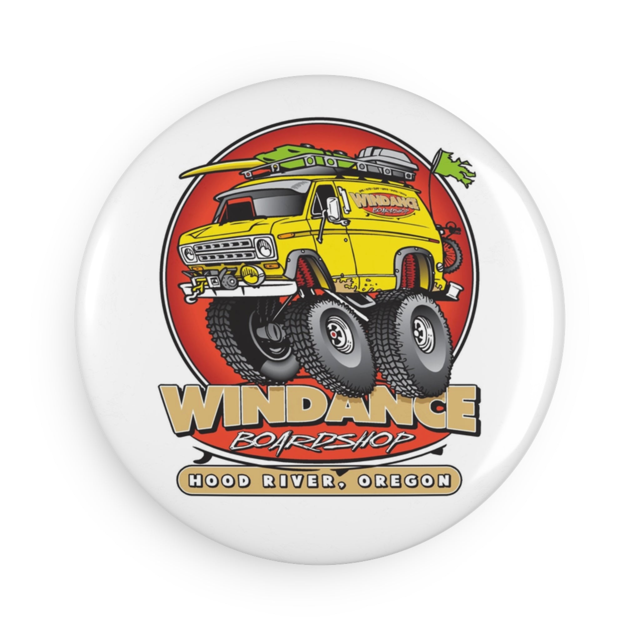 Windance Boardshop Round Magnet — Hood River, Oregon Van Graphic