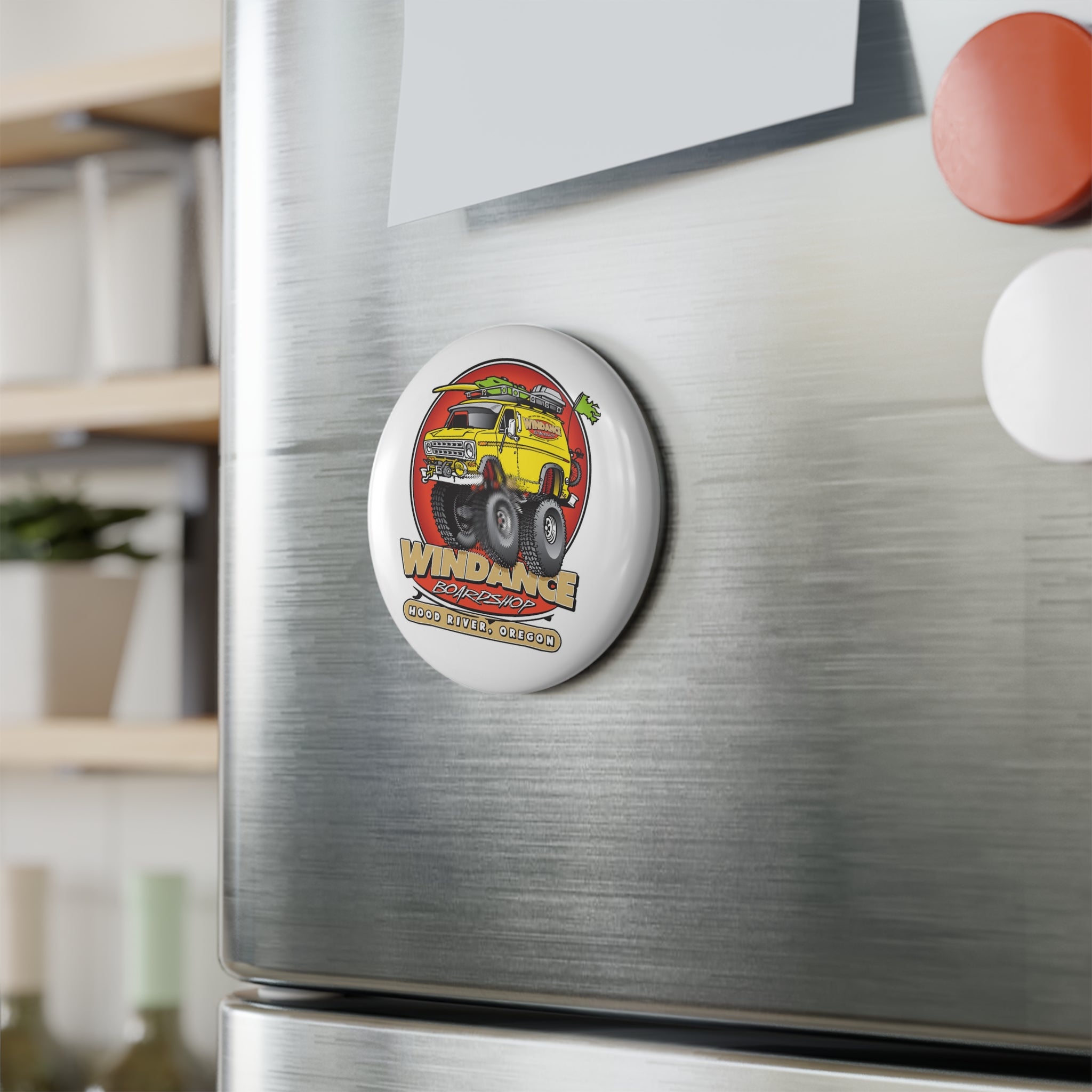 Windance Boardshop Round Magnet — Hood River, Oregon Van Graphic